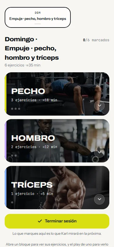La rutina del día en la app, con los bloques de pecho, hombro y tríceps.